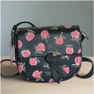 Kate Spade Knott Saddle Bag Black Ditsy Rose Crossbody Leather Floral Medium